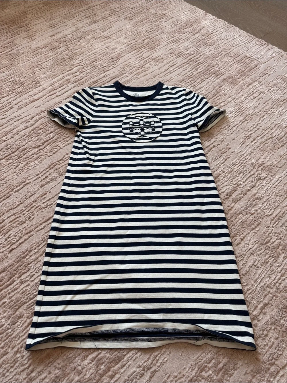 Tory Burch Navy and White Striped Short Sleeve Dress with Logo Size Small